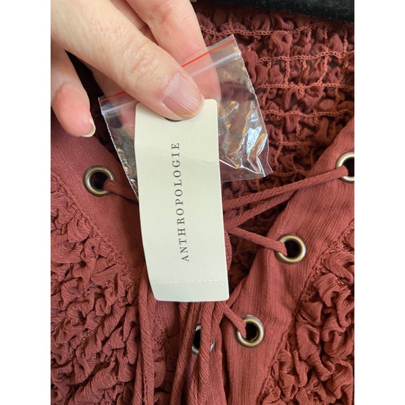 Anthropologie Sheer Cover-Up Midi Dress Crimson Smocked Lace-Up Boho Small NEW - Picture 3 of 6